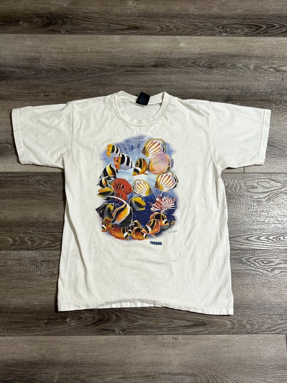 Vintage 90s Sundram Fish Graphic White Shirt Y2K Fishing Retro - Men’s Medium